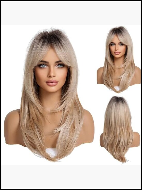 Curtain Bangs Layered Long Wig Heat Resistant Fiber Natural Look Light Capless